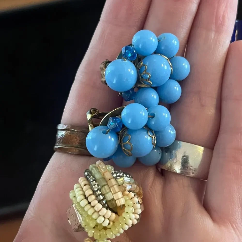 Pair of vintage and beaded clip on earrings blue cream, and gold